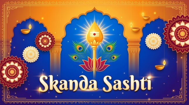 Skanda sashti festival greeting card with lord murugan vel, peacock feathers, lotus flower, and traditional oil lamps