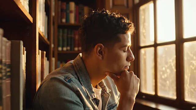 Thoughtful Man in Library at Sunset - A man sits pensively, gazing out a window in a library during sunset.