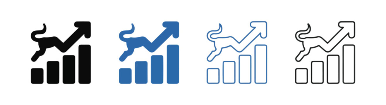 Bull and bear market icons representing financial growth and decline, with bar charts and arrows. Vector illustration set for business and investment concepts.