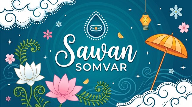 Colorful illustration featuring the text 'Sawan Somvar' surrounded by flowers, clouds, and decorative elements. The design is vibrant and festive, suitable for cultural celebrations