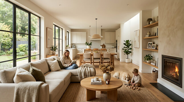 A cozy, open-plan living room with a woman relaxing on a sofa, a child playing with a dog, and a warm fireplace, featuring large windows and a modern kitchen in the background.