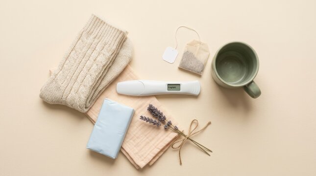 simple comfort items including tea sachet, mug, socks, and pregnancy test, flat lay