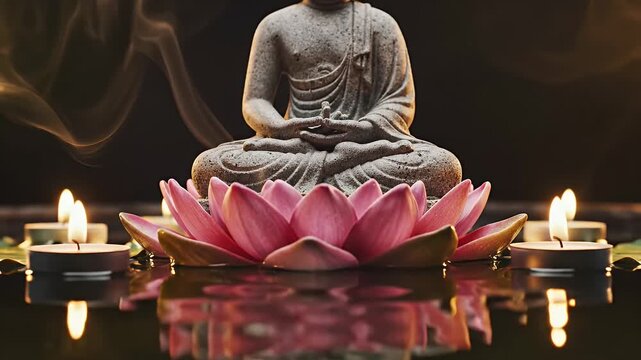 Serenity with Buddha Statue and Lotus Flowers - A peaceful scene features a Buddha statue seated in meditation surrounded by vibrant pink lotus flowers and gently flickering candles.