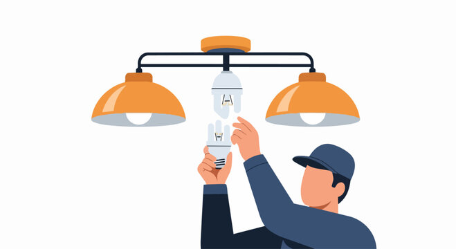 Electrician changing light bulb in ceiling lamp fixture, professional home maintenance and repair service flat vector illustration