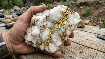 Hand holding gold quartz rock, precious metal mining concept
