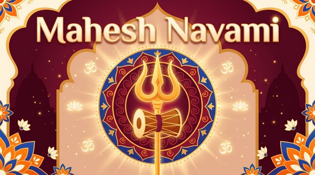 Mahesh navami festival greeting card with lord shiva symbols, trishul and damru, on a decorative traditional background