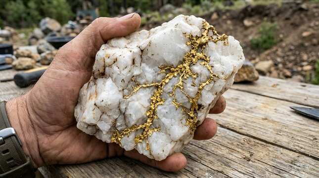Hand holding gold quartz rock, precious metal mining concept
