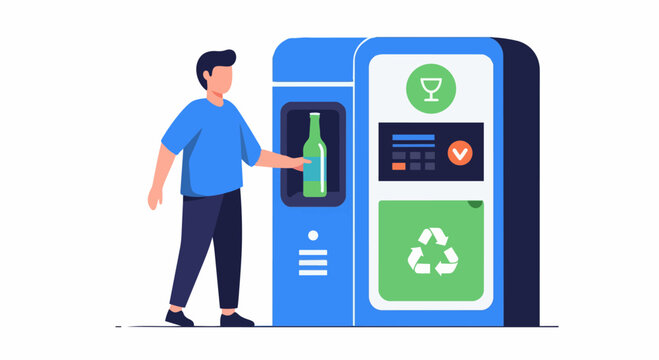 Man recycling glass bottle in automated reverse vending machine, sustainability concept flat vector illustration.
