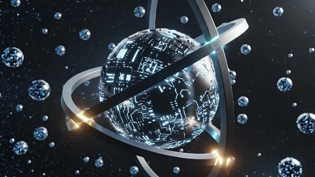 Sci-Fi Sphere with Circuitry and Bubbles 3D video - This abstract 3D video showcases a central metallic sphere with glowing blue circuitry patterns, surrounded by several smaller spherical objects