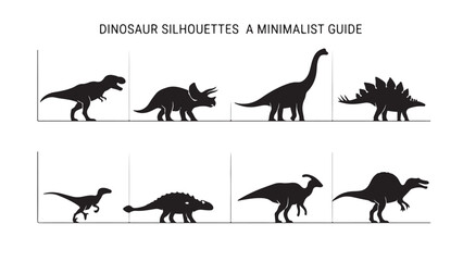 A minimalist guide featuring various black dinosaur silhouettes arranged in a line, with the text "DINOSAUR SILHOUETTES A MINIMALIST GUIDE" on a white background. © MD