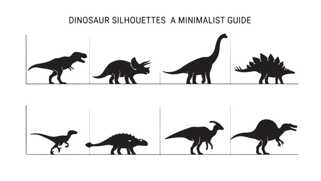 A minimalist guide featuring various black dinosaur silhouettes arranged in a line, with the text "DINOSAUR SILHOUETTES A MINIMALIST GUIDE" on a white background.