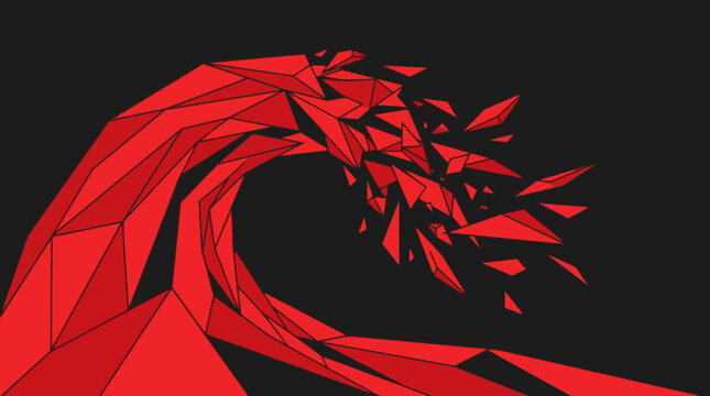 Abstract red geometric wave breaking into shattered low-poly fragments on a dark background, symbolizing disruption, energy, and digital transformation.
