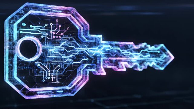 Abstract Neon Digital Key Circuitry on Dark Background - A glowing abstract digital key is depicted with intricate circuitry patterns illuminated in vibrant neon blue and pink lights.