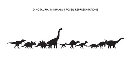 Minimalist fossil representations of various dinosaurs in a horizontal line, with text "DINOSAURIA MINIMALIST FOSSIL REPRESENTATIONS" on a white background. © MD