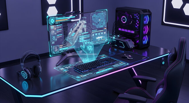 Futuristic holographic gaming setup with neon lighting