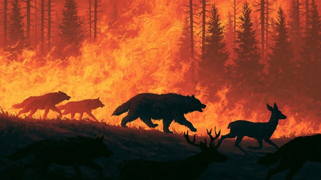 Bears, wolves, and deer run from a burning forest. Dark animal shapes appear against a fiery sky.