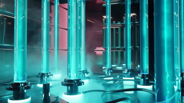 Tracking shot of vertical glowing cylinders rising and pulsing on circular platform inside futuristic laboratory chamber with teal neon mist and reflective metallic fixtures