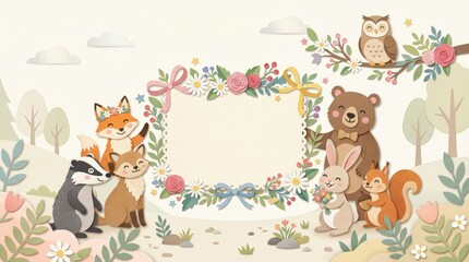 Naklejka premium Smiling woodland animals gathered around floral frame in forest setting