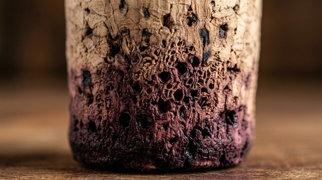 Close-up of wine cork with red stains and textured surface