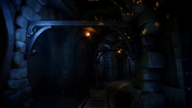 Tracking shot of minecart rolling along rails through underground stone tunnel with wooden doors and torchlight