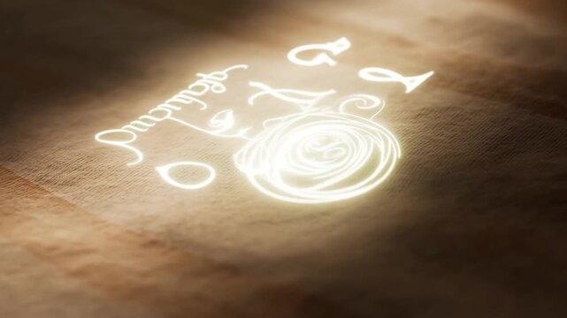 Slow motion tracking pan of glowing magical sigils forming and swirling on parchment surface on wooden desk in dim indoor light