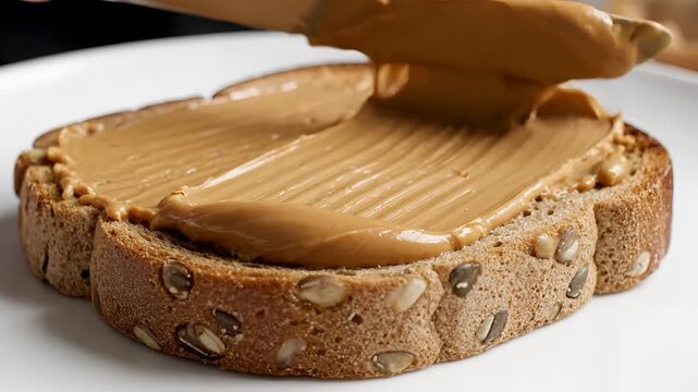 Spreading creamy peanut butter on a slice of whole grain bread.