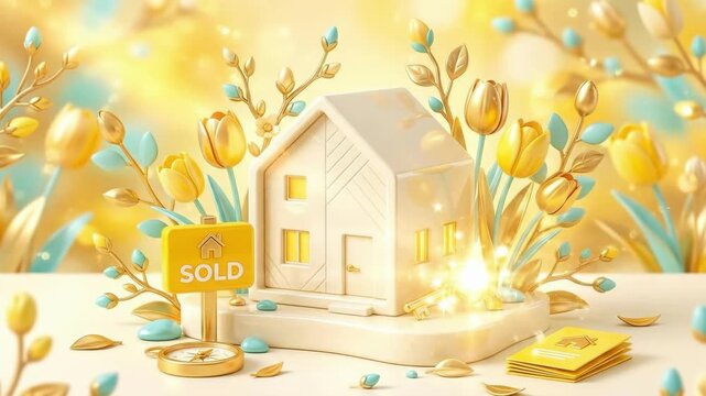Sold house model with golden keys and tulips. Real estate transaction success concept. Property sale visualization in spring theme with yellow flowers