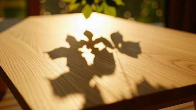 Sunlight casting leaf shadows on a light wood grain tabletop with golden morning light and a blurred garden background showing bokeh highlights and minimal design.