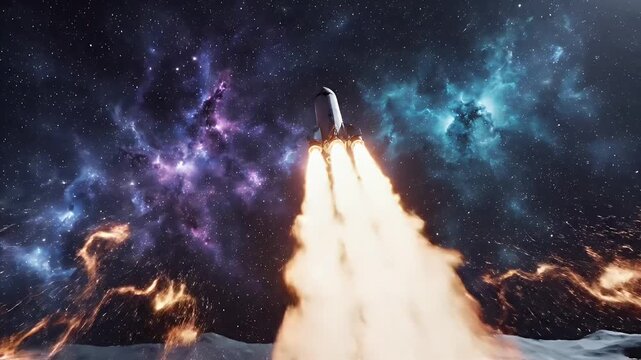 Rocket Launching Into Cosmic Nebula - A futuristic rocket blasts off from a glowing platform into a vibrant, star-filled nebula.