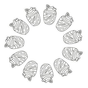 Cute round frame with decorated cruffins isolated on white background. Circle with French puff pastries in simple hand drawn style. Great for bakery, cafe designs, posters, packaging, etc.