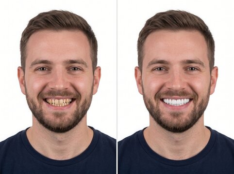 Man's smile transformation A dramatic before-and-after comparison showcasing dental improvements and enhanced confidence