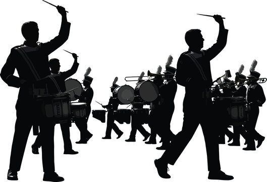 Marching band silhouette drummers and musicians in dynamic performance