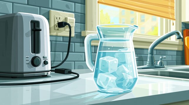 Kitchen counter with unplugged appliances and pitcher of cold water near shaded window