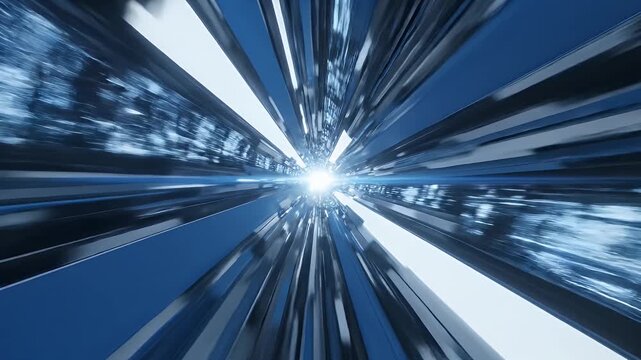 Futuristic Blue Tunnel Abstract Motion Background - A dazzling abstract tunnel with sharp, reflective surfaces in shades of blue and white stretches forward towards a bright light source.