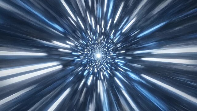 Abstract Futuristic Tunnel Speed Motion Blur - A dynamic abstract tunnel with futuristic design elements features bands of glowing blue and white light streaking towards a bright central point.