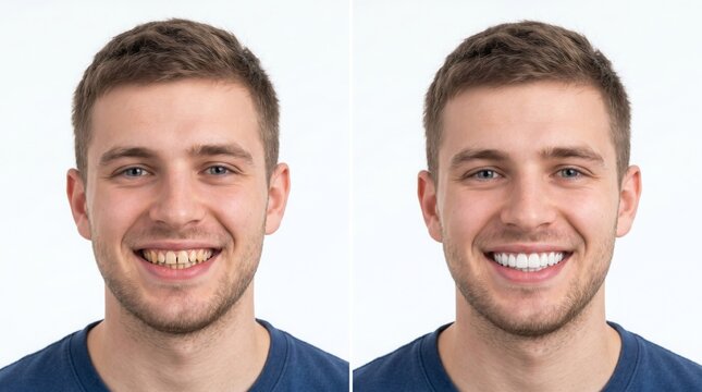 Smiling man with perfect white teeth after dental cosmetic procedure, before and after comparison on a white background