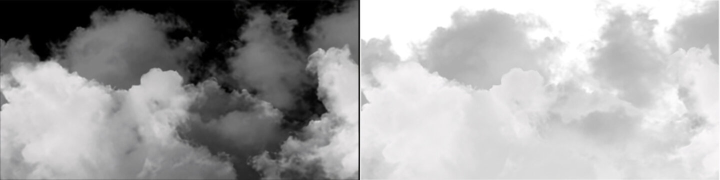 Realistic thick white clouds with transparent background and black mask isolated for sky overlay design effect.