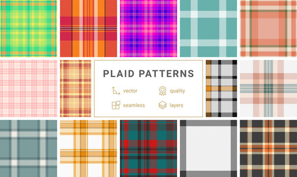 Plaid bundle for online brochures and e-books. Coordinated tartan patterns create cohesive layouts for digital publishing.