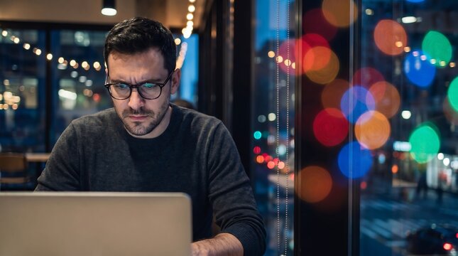 Professional man working on laptop in dark office late at night with colorful city bokeh lights reflecting on window glass for modern business overtime concept