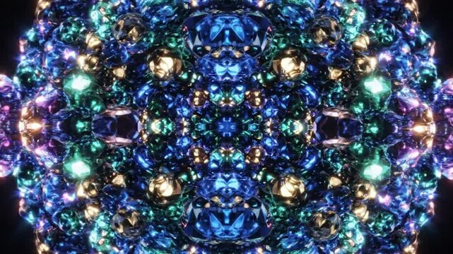 Kaleidoscopic Deep Blue and Emerald Abstract Geometric Pattern with Glittering Lights