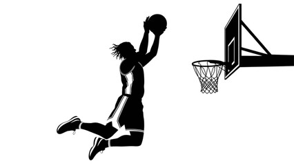 Silhouette of a basketball player jumping to perform a slam dunk into the hoop © Mafijul
