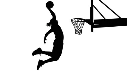 Silhouette of a basketball player performing a powerful slam dunk © Mafijul