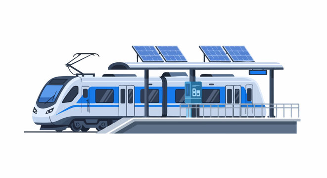 Modern Electric High-Speed Train at Sustainable Railway Platform with Solar Panels Flat Illustration