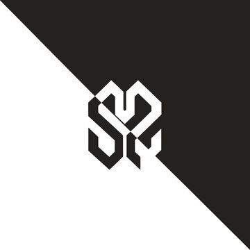 Abstract geometric monogram logo design on split background.
