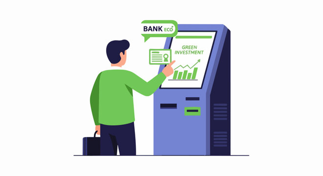 Man Investing in Sustainable Green Finance at an Eco-Friendly Banking Terminal - Flat Vector Illustration