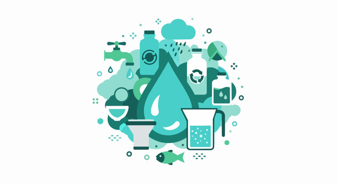Water Conservation and Sustainability Flat Vector Illustration with Water Drop, Tap, Recycled Bottles, and Eco-Friendly Icons