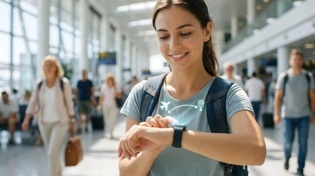 Smiling young woman checking flight navigation map on her smartwatch at airport terminal hall