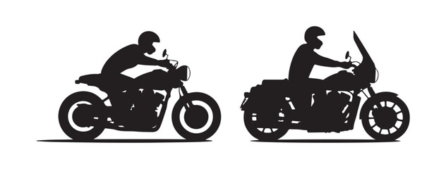 Two motorcycle riders in black silhouette, one on a sport bike and one on a cruiser, isolated on a white background © Shohag