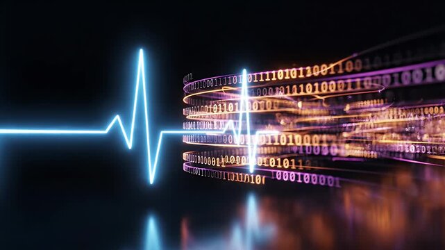 Blue Neon Heartbeat Pulse Meets Digital Data Stream - A glowing blue neon electrocardiogram line pulses across a dark background, meeting a vibrant, abstract stream of glowing digital binary code.