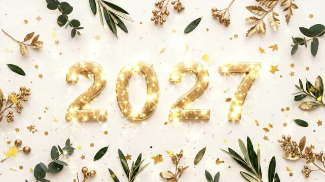 Gold 2027 numerals surrounded by eucalyptus leaves gold berries and confetti. New year flat lay composition. Festive greeting for chinese zodiac year of sheep celebrations